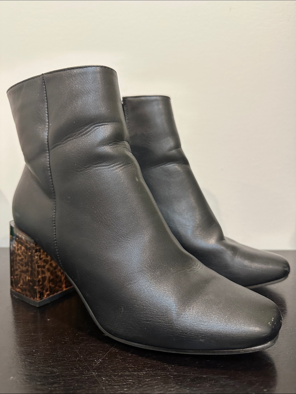Classic Black Leather Ankle Booties with Textured Block Heel